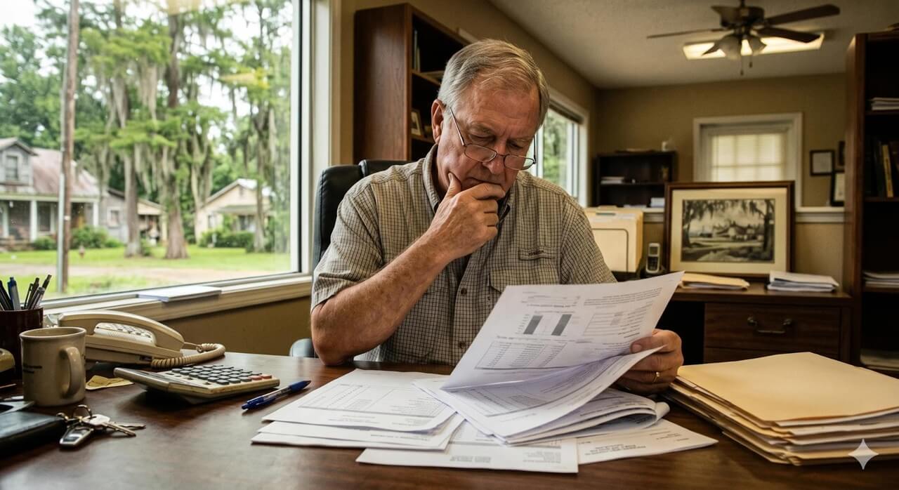 A thoughtful older man reviews paperwork at his office desk for Pelican Underground LLC, focused on important tasks.