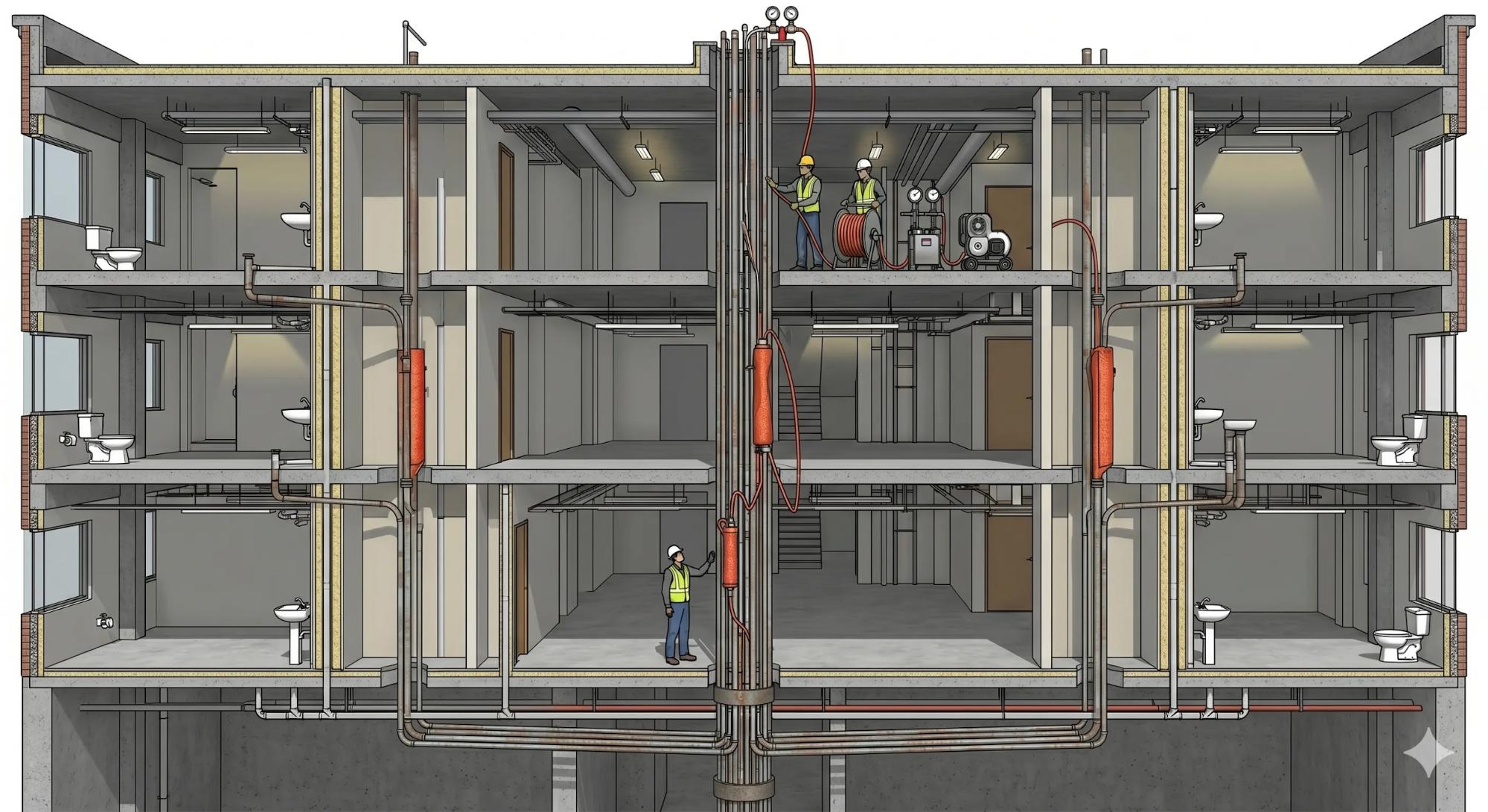 Pelican Underground LLC workers check and fix plumbing in a tall building to keep bathrooms working well for everyone.