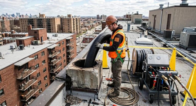 Pelican Underground LLC worker helps maintain building safety by operating equipment on a tall city rooftop.