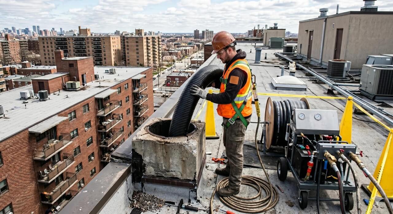 Pelican Underground LLC worker helps maintain building safety by operating equipment on a tall city rooftop.