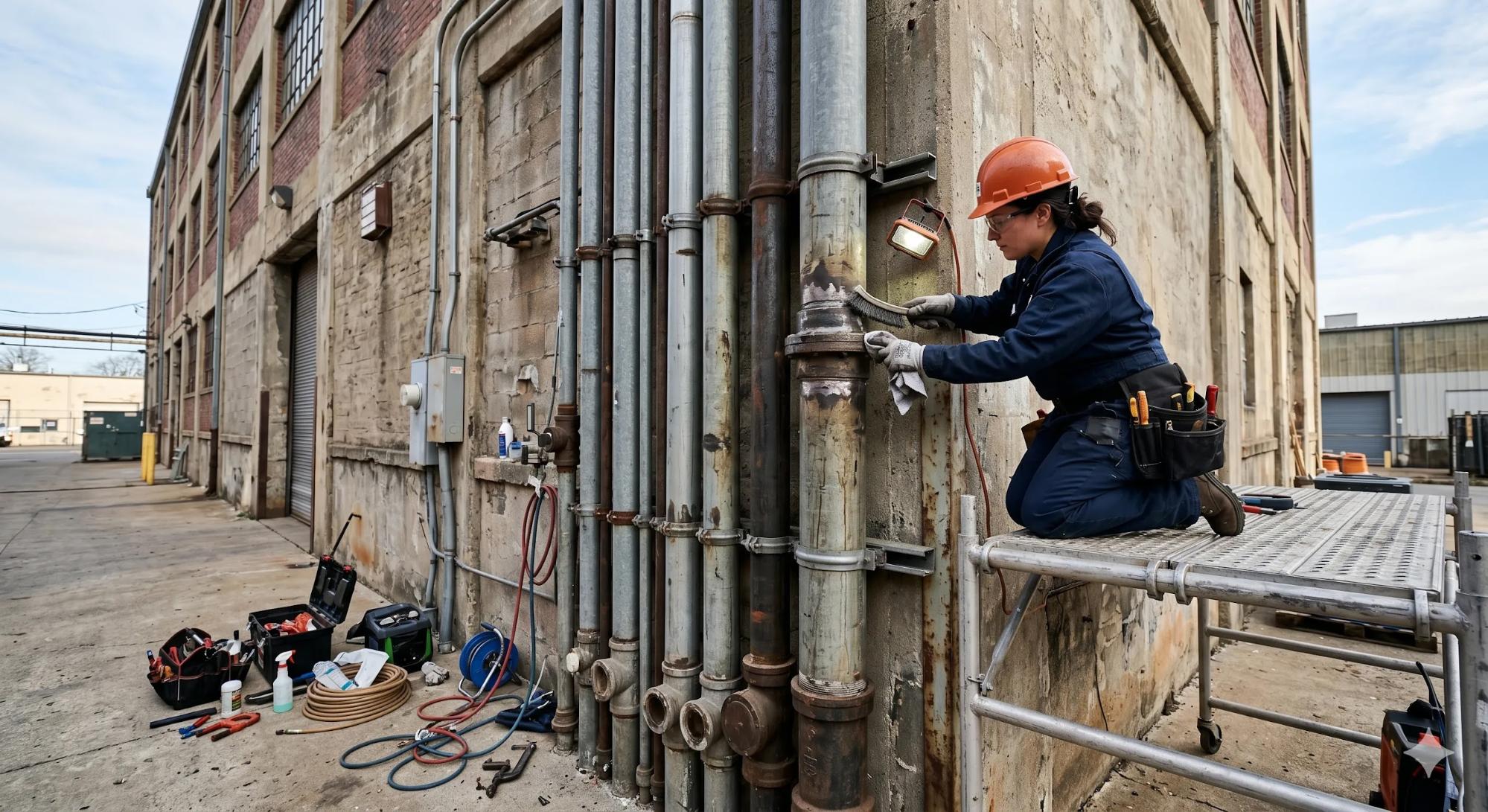 A Pelican Underground LLC worker checks building pipes, showing hands-on maintenance and attention to safety.