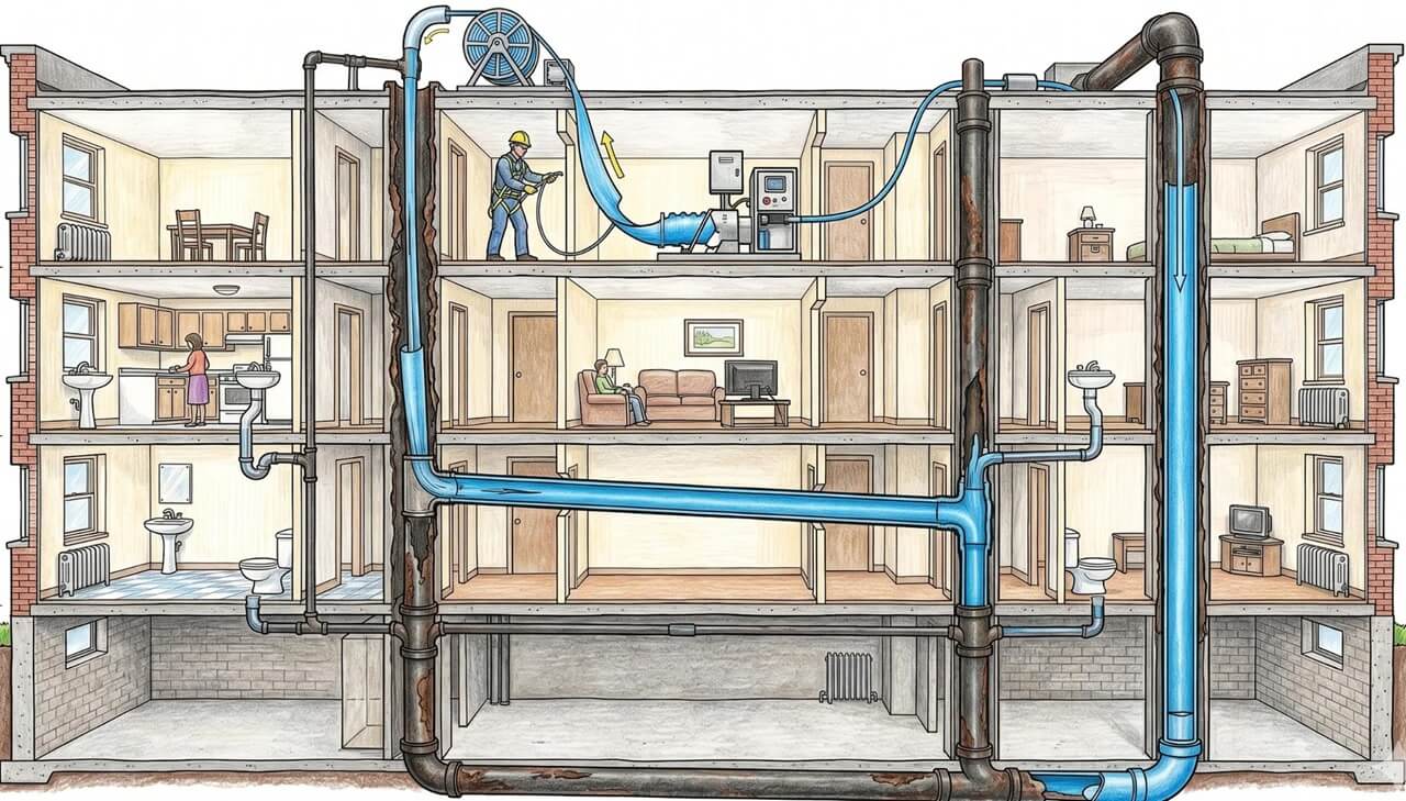 Pelican Underground LLC shows how a worker checks and cleans pipes inside a three-story house.