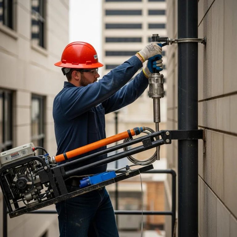 Pelican Underground LLC worker drills on a building, showing city construction work and safety at the job site.