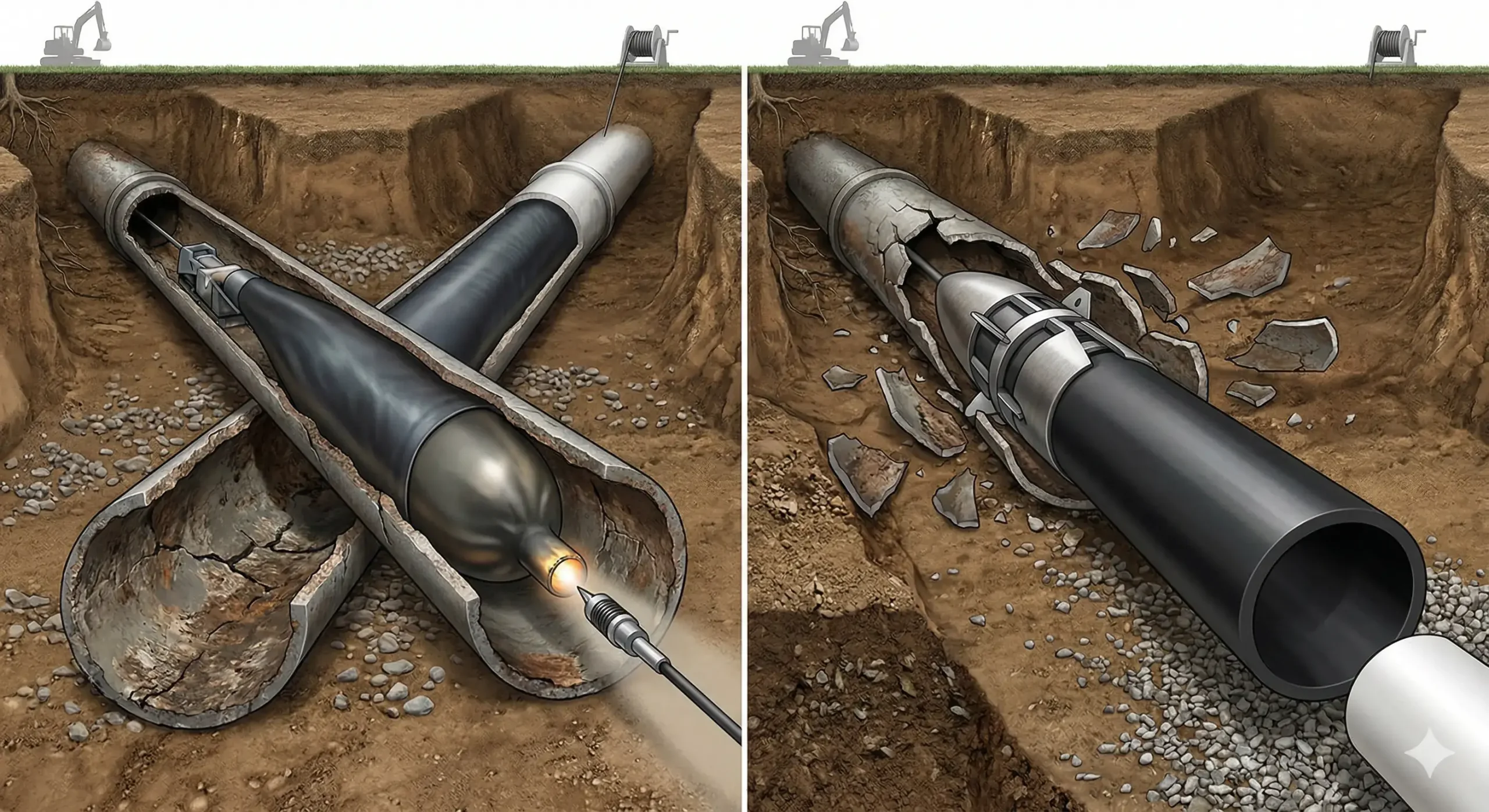 Pelican Underground LLC's process replaces old pipes underground with new ones using a trenchless pipe bursting method.