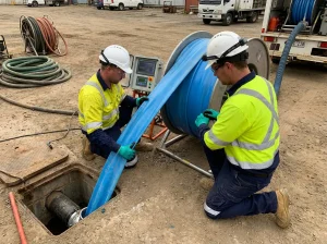 Pelican Underground LLC workers safely install a pipe at a jobsite, showing their team’s skill and safe work practices.