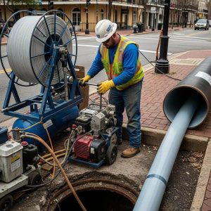 Pelican Underground LLC worker installs underground cable using machinery on a city sidewalk, ensuring safe and smooth operation.