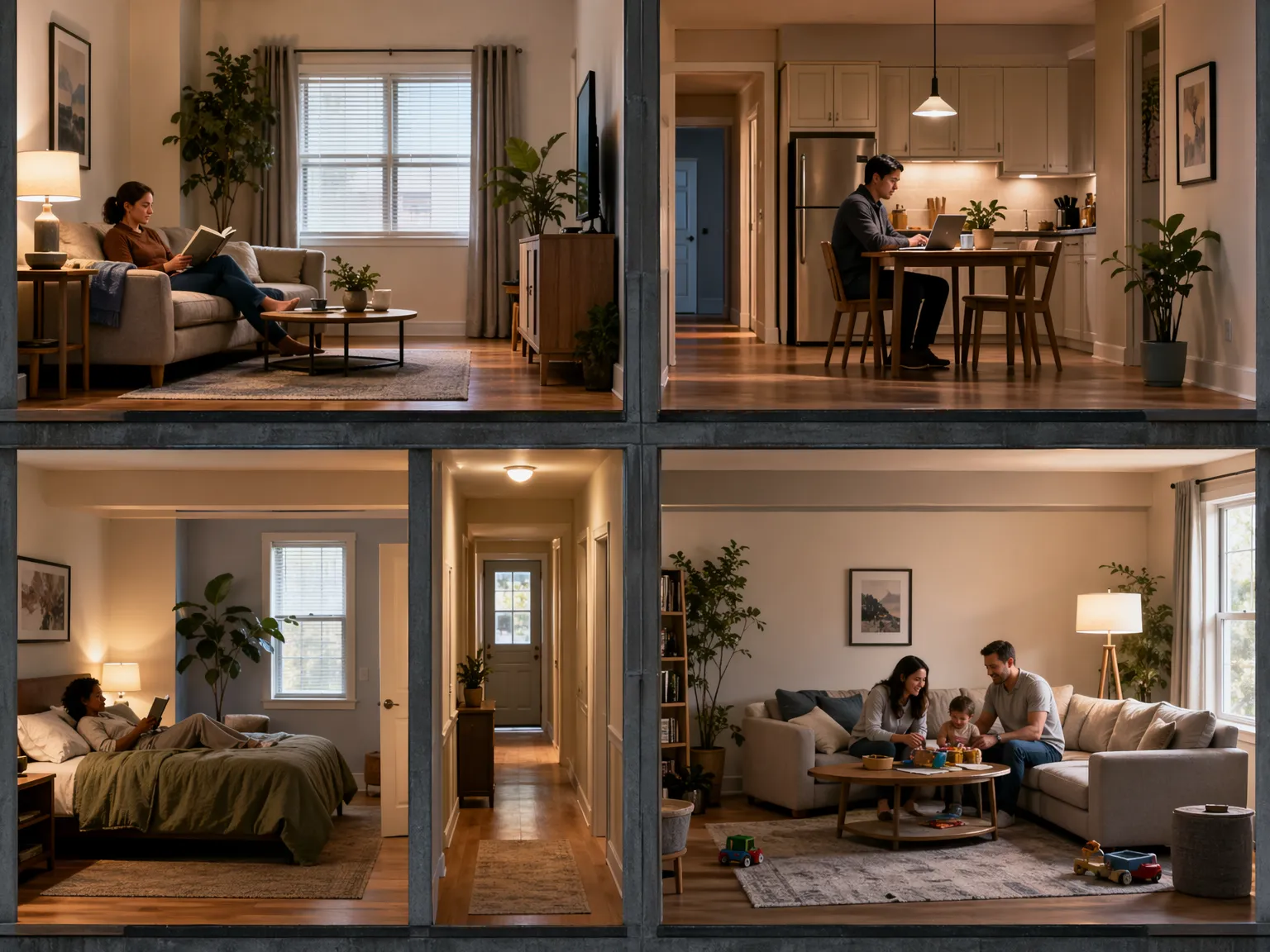 People relax and spend time together at home in the evening, showing community life with Pelican Underground LLC .