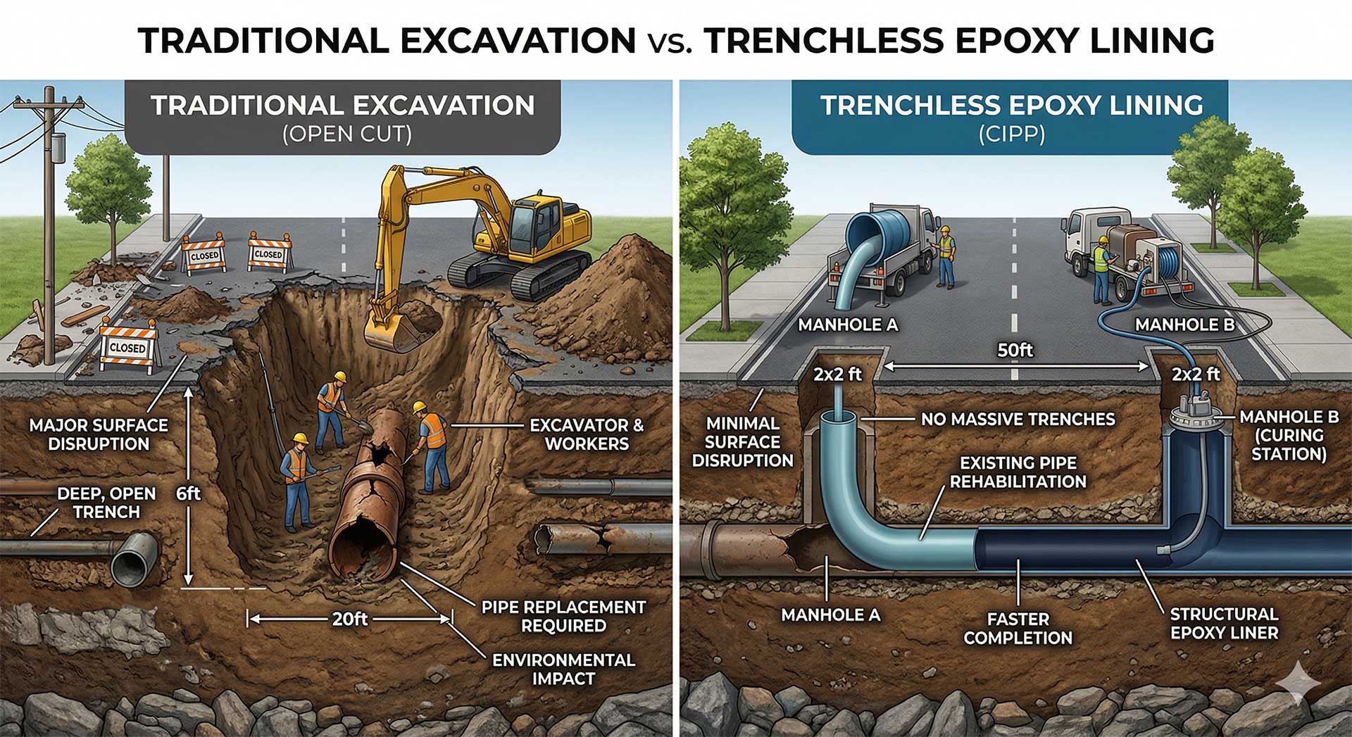 Pelican Underground LLC shows how trenchless pipe repair causes less mess and surface damage than traditional digging methods.