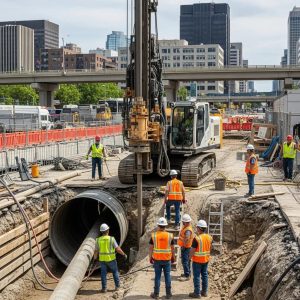 Pelican Underground Llc team safely installs pipes at a city work site, showing teamwork and focus on the job.