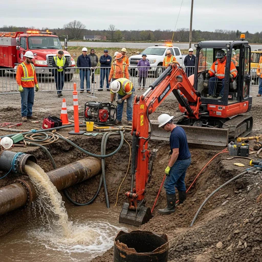 Pelican Underground Llc workers fix a water pipe issue at a muddy site, with people watching and emergency help standing by.