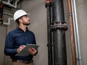 A Pelican Underground LLC worker checks pipes to ensure safety and quality in a utility room.