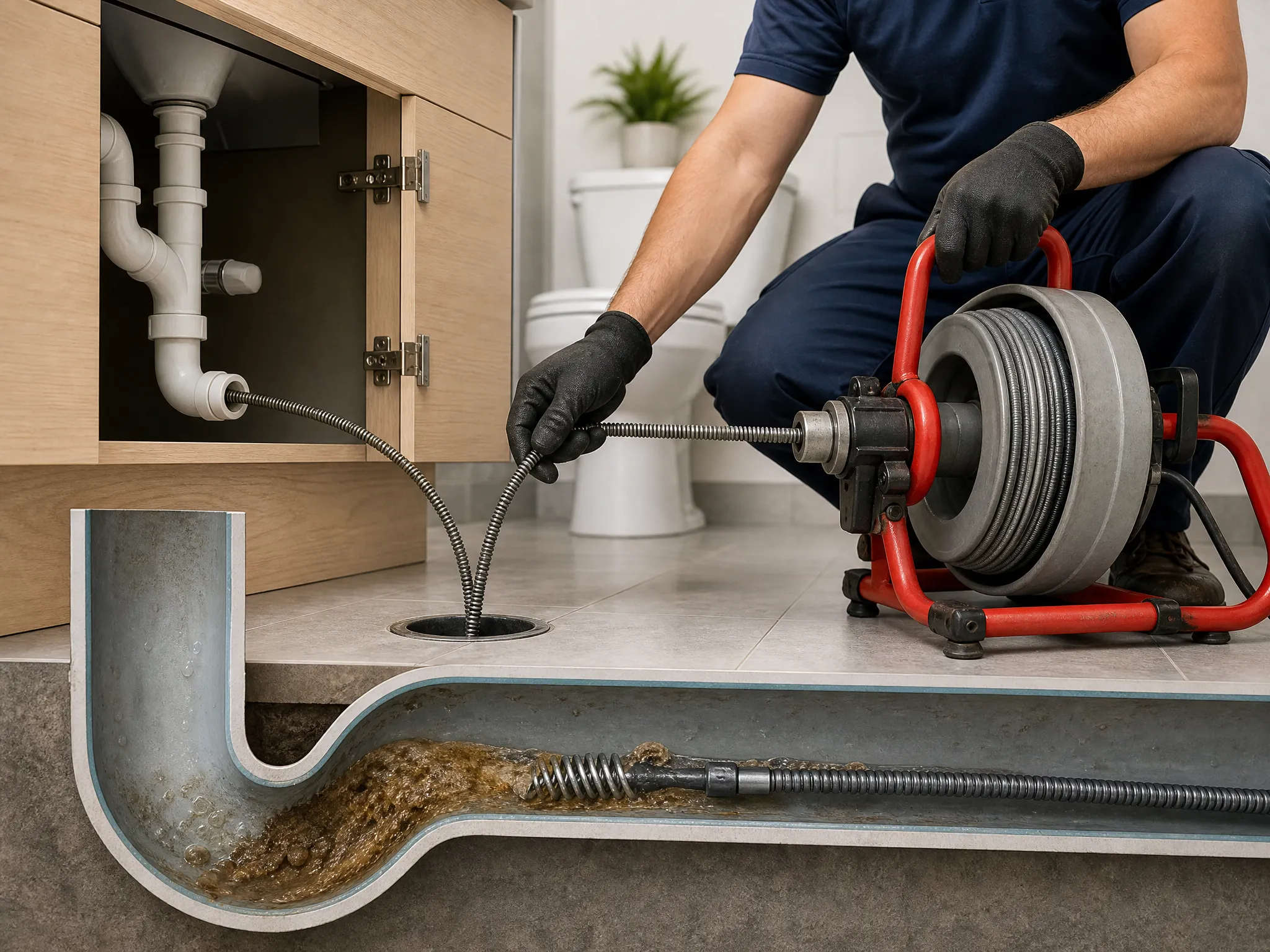 A Pelican Underground LLC plumber uses a drain auger to clear a bathroom pipe clog for better water flow.