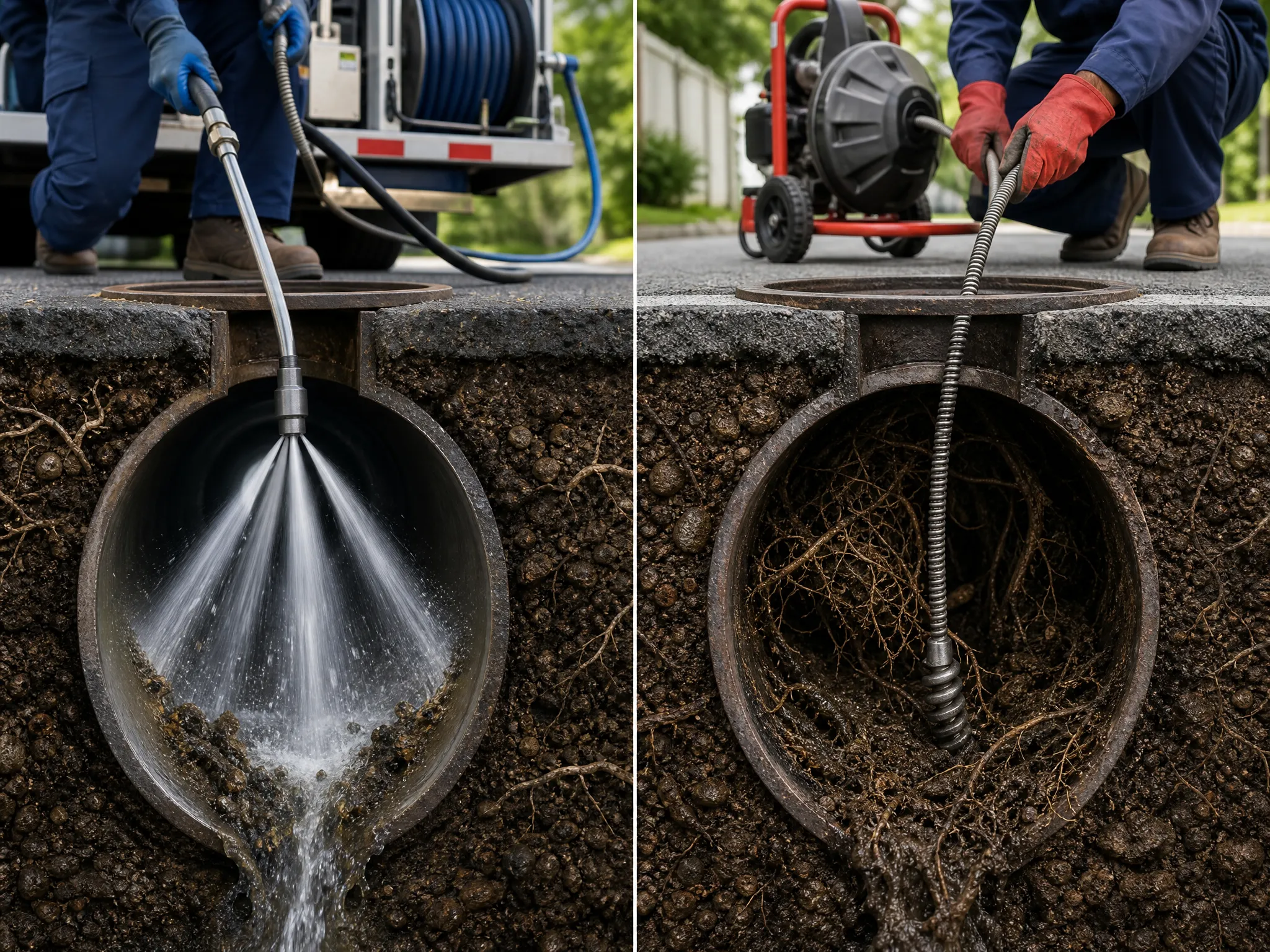 Pelican Underground LLC shows two sewer cleaning methods: water jetting for debris and an auger for roots inside pipes.