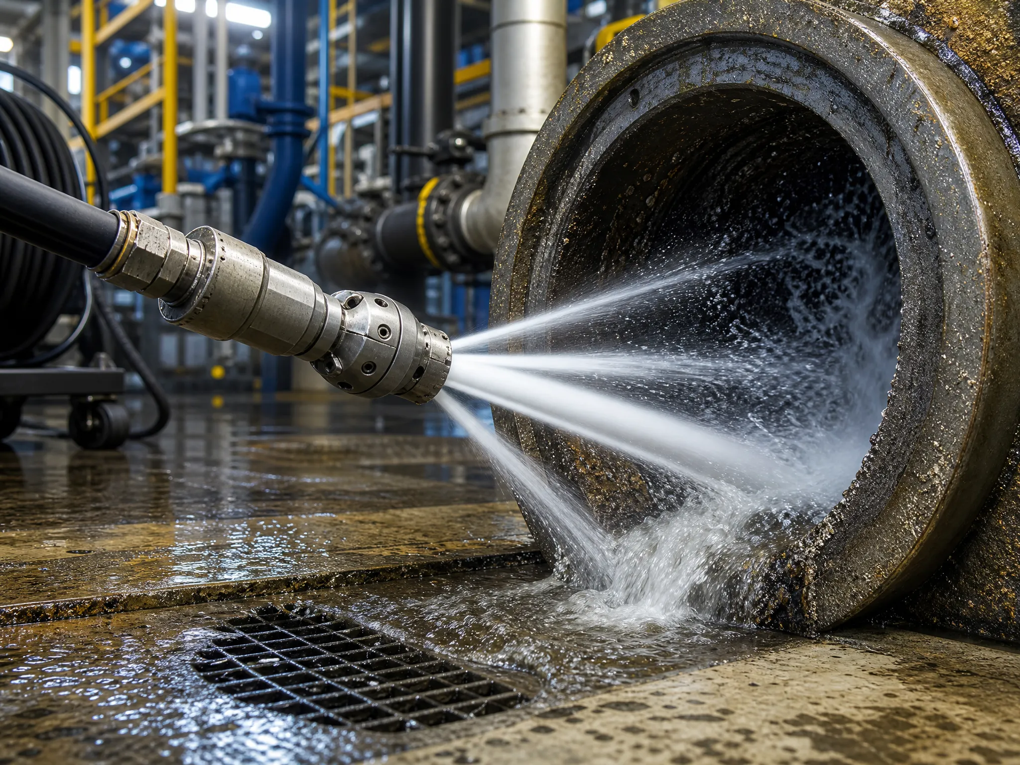 Pelican Underground Llc uses a water jet to clean a big pipe, showing safe and powerful industrial cleaning.