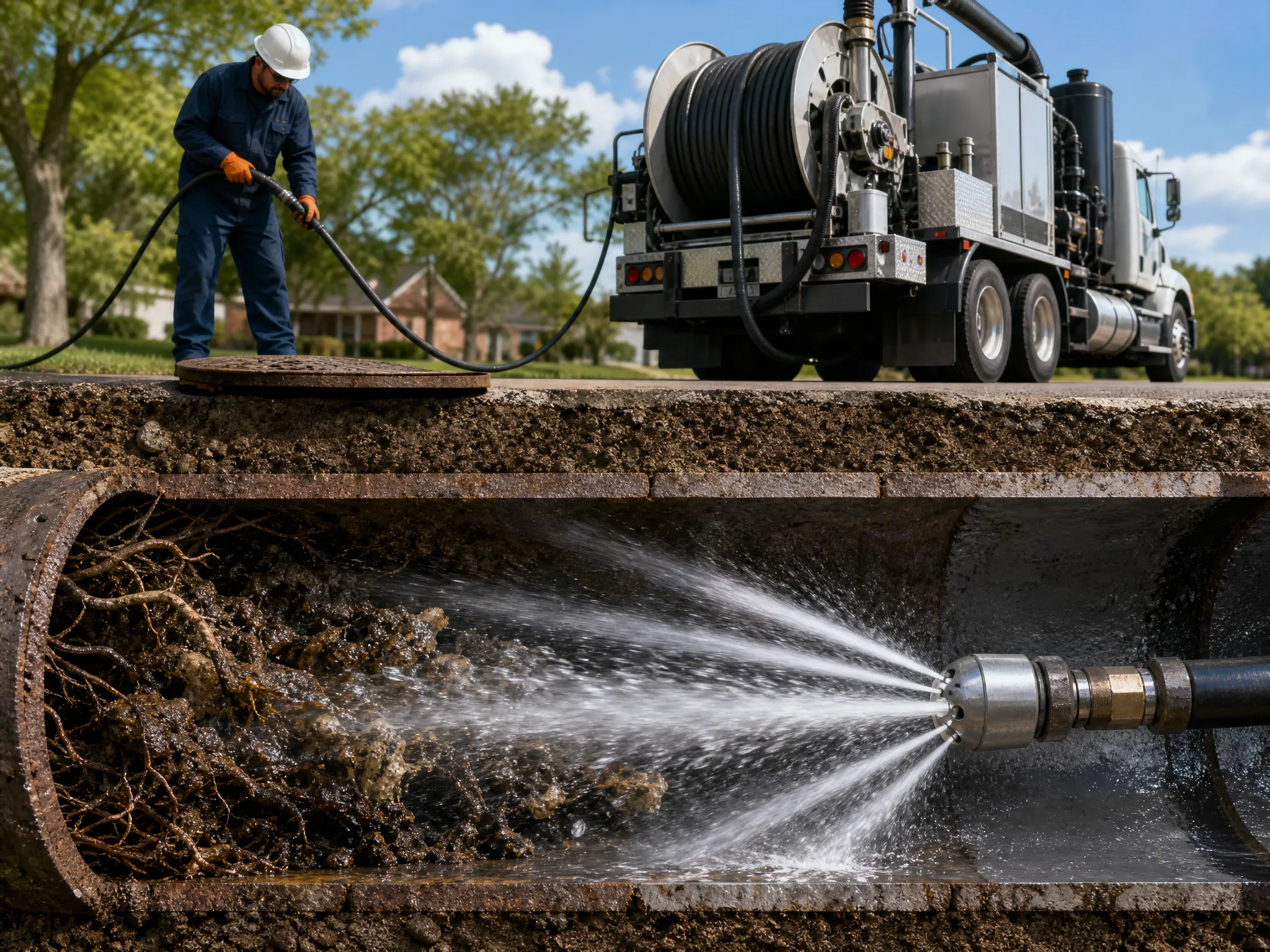 Pelican Underground LLC worker uses a jetting truck to clean debris and roots from a big sewer pipe underground.