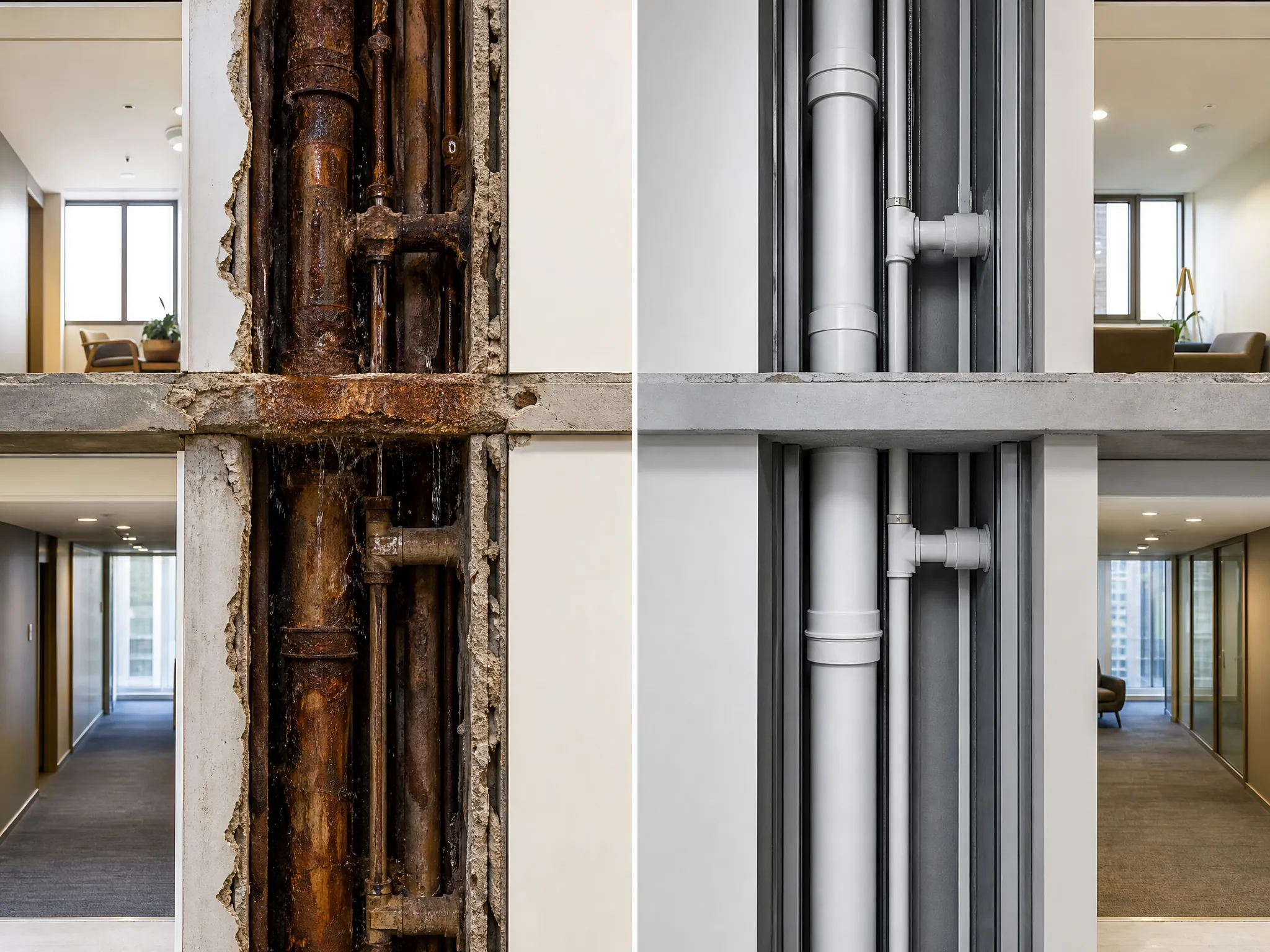 Pelican Underground Llc shows a before-and-after of pipe replacement, showing how new pipes improve building safety and value.