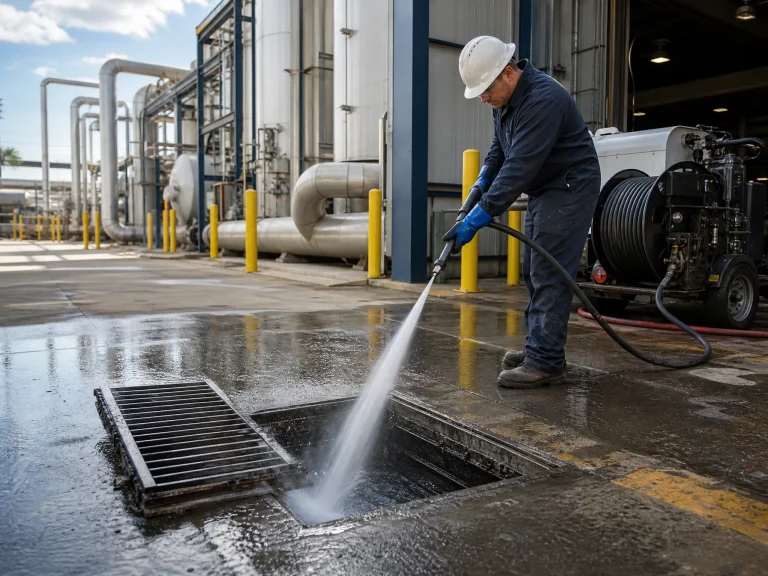 Pelican Underground Llc worker cleans a drain with special tools, showing safe and effective industrial cleaning in action.