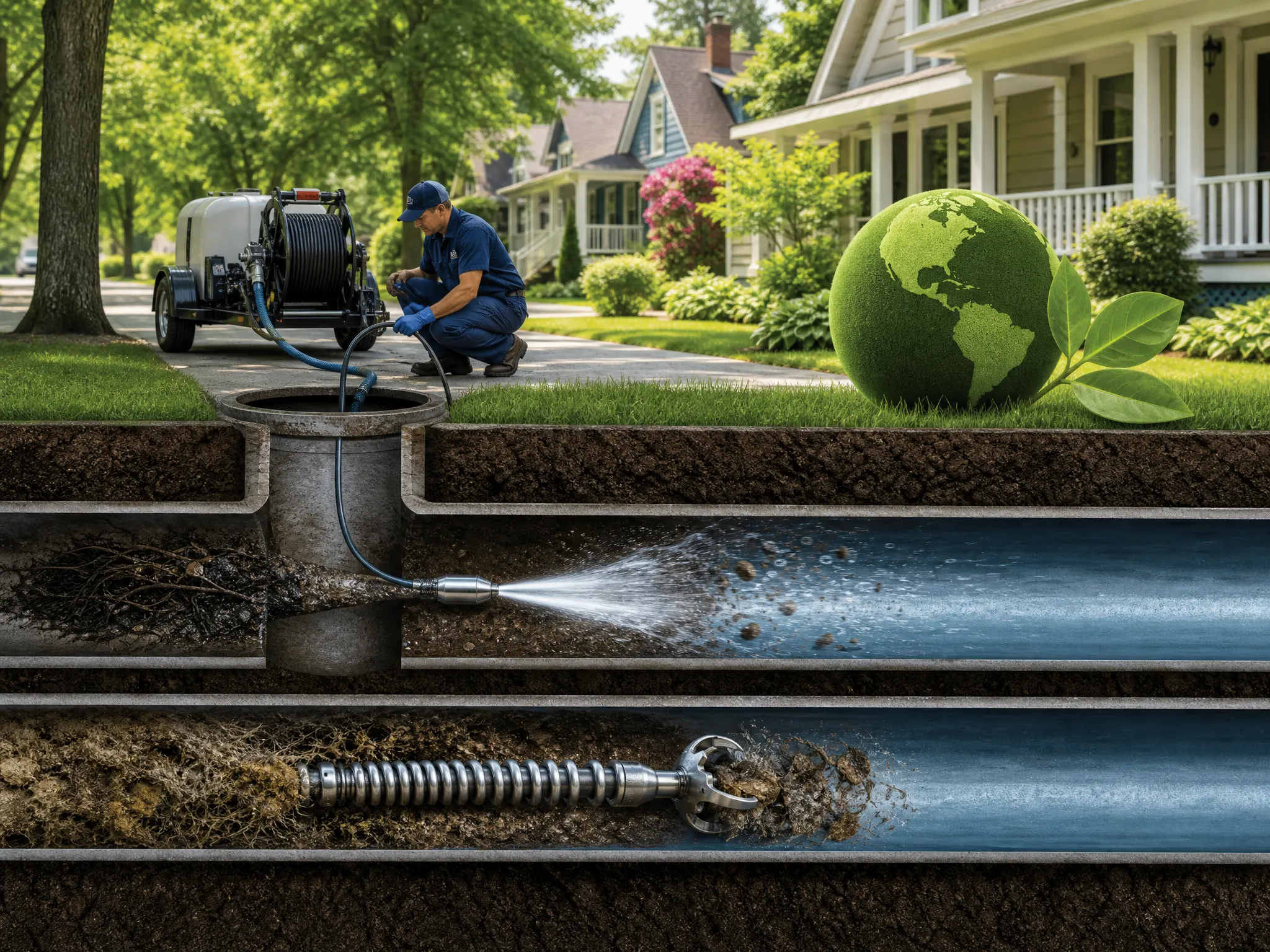 Pelican Underground LLC safely cleans sewers, removing roots and debris in an eco-friendly way.