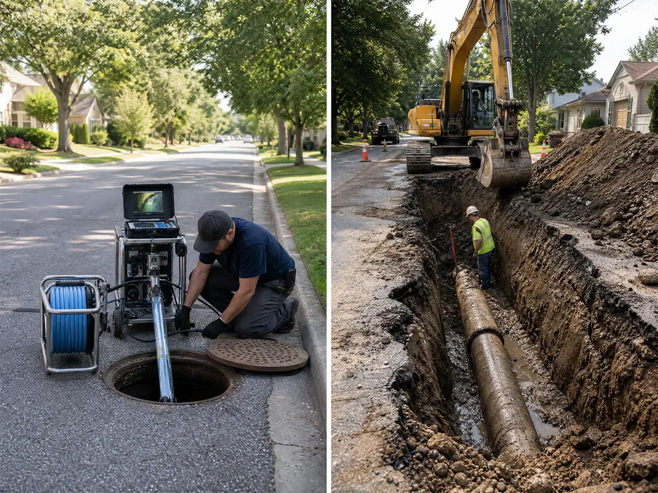 Pelican Underground Llc workers inspect and repair sewer pipes, using cameras and equipment to fix problems under streets.
