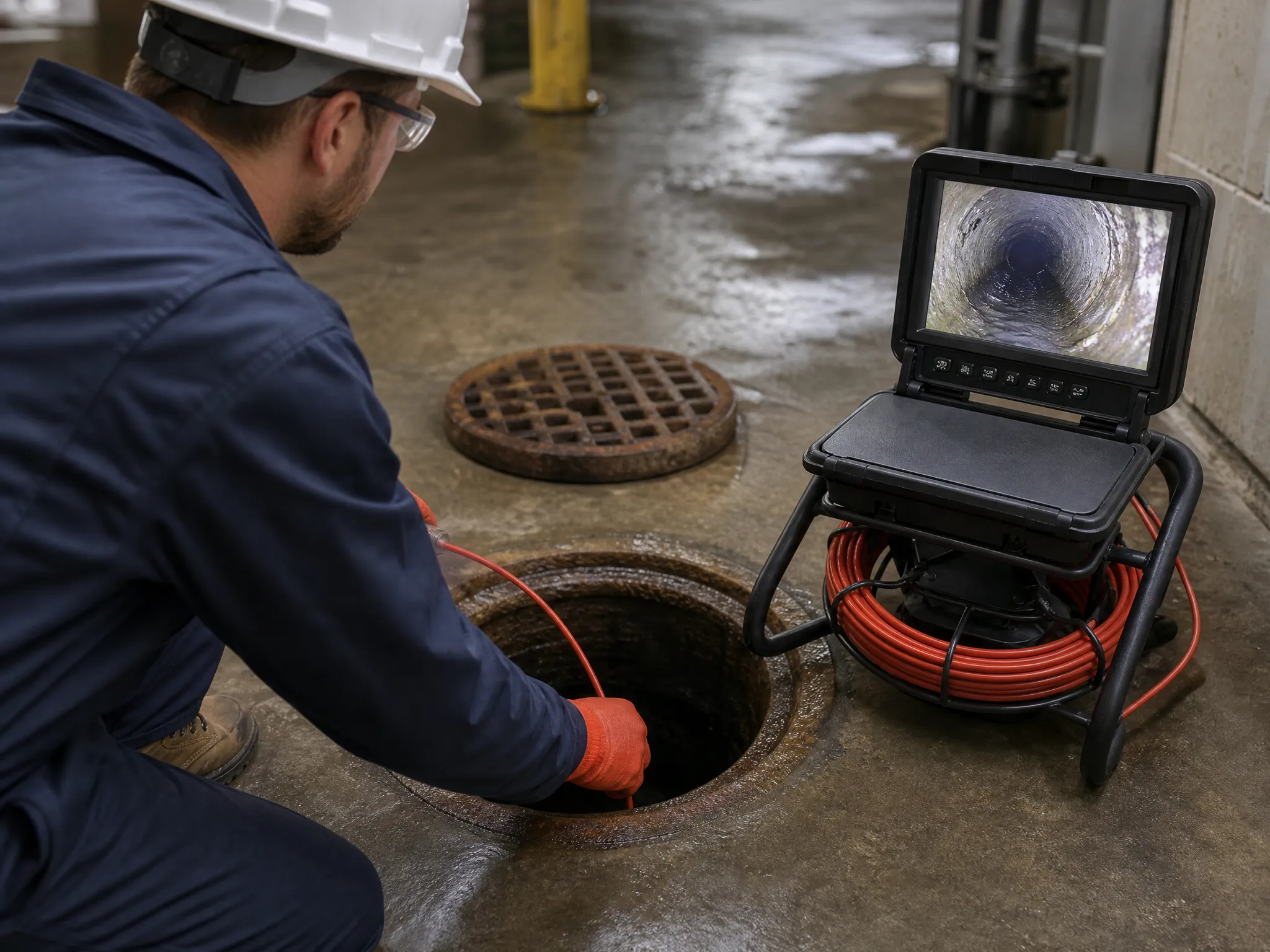 Pelican Underground LLC worker inspects pipes with a sewer camera to find problems inside underground manholes.