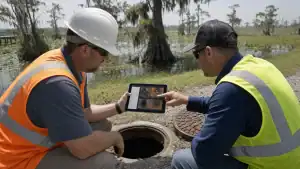 Pelican Underground LLC staff review important info on a tablet by a manhole, working together at a job site outdoors.