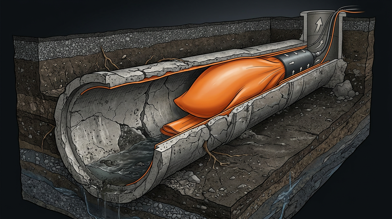 Cross-section diagram showing a CIPP liner being cured inside a deteriorated storm drain pipe — the trenchless rehabilitation method used in Louisiana.