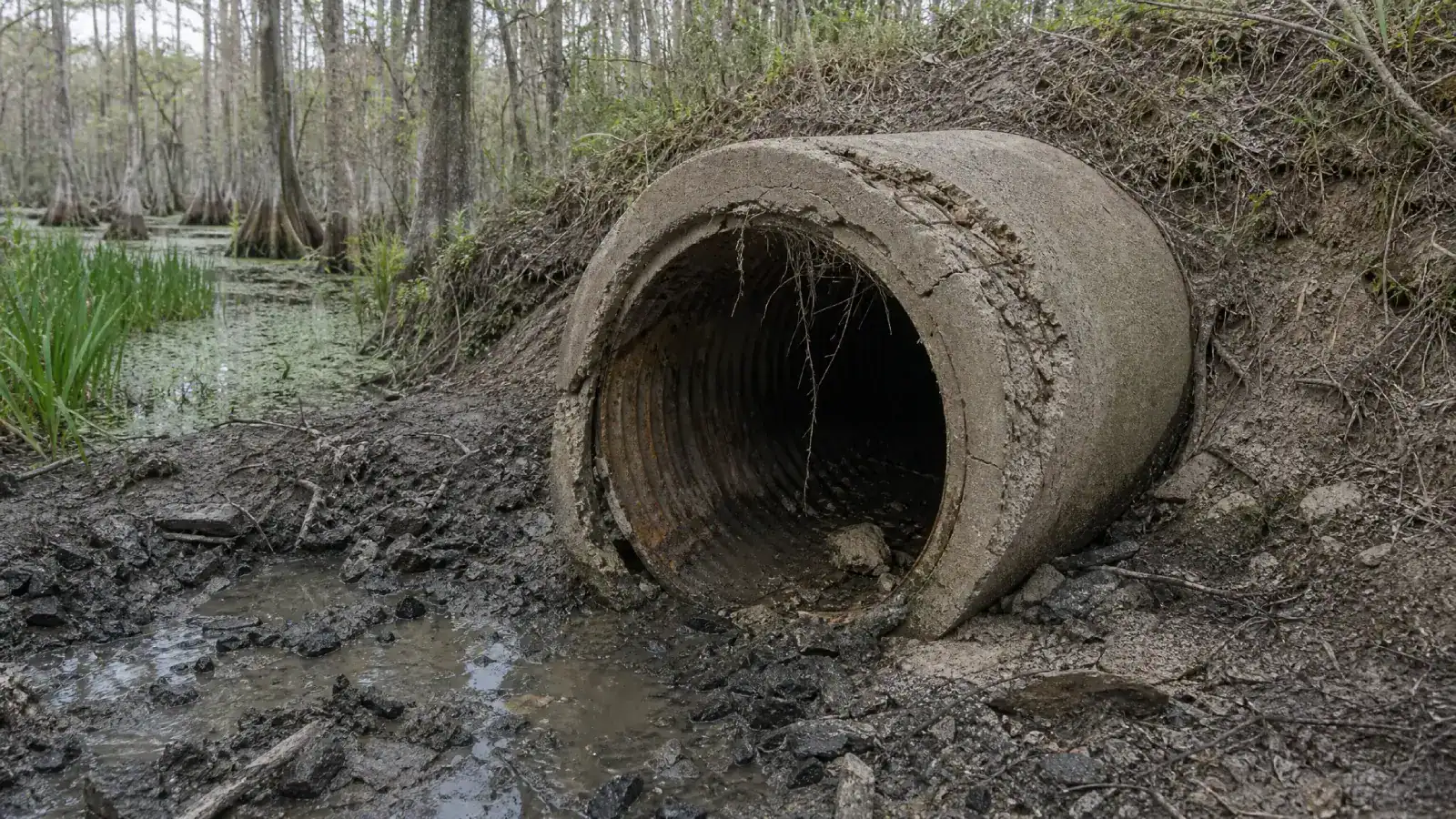 Pelican Underground LLC’s drainage pipe helps control water flow in wet, forested areas to prevent flooding and manage runoff.
