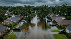 Flooded Louisiana street with overflowing storm drains after heavy rainfall — illustrating stormwater infrastructure stress in the region.