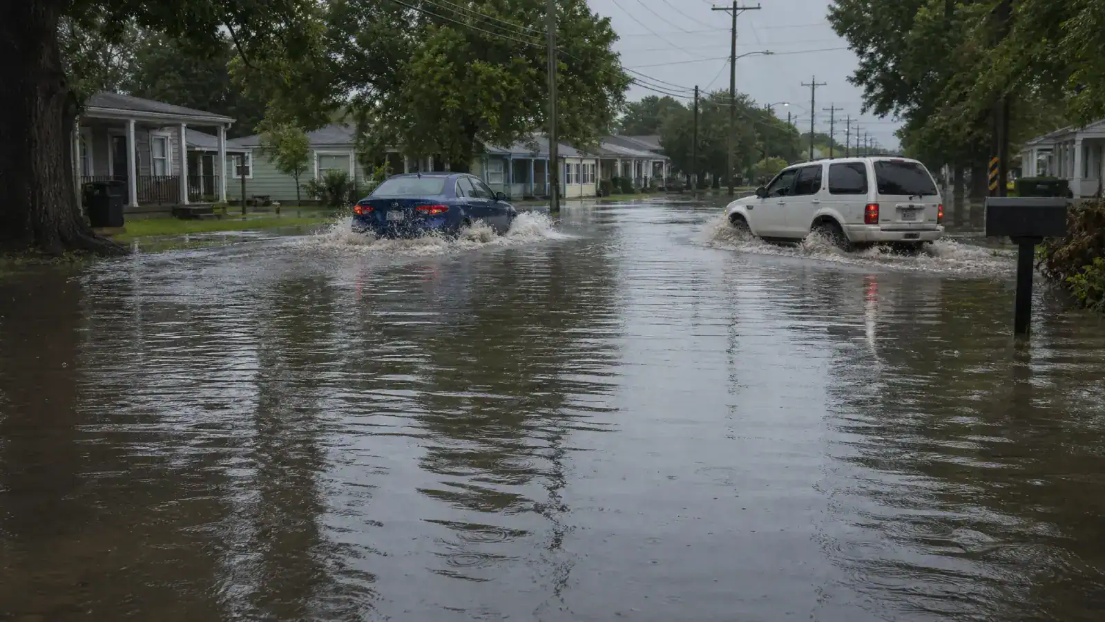 Pelican Underground LLC shows cars driving in a flooded neighborhood, highlighting the impact of heavy rain on daily life.