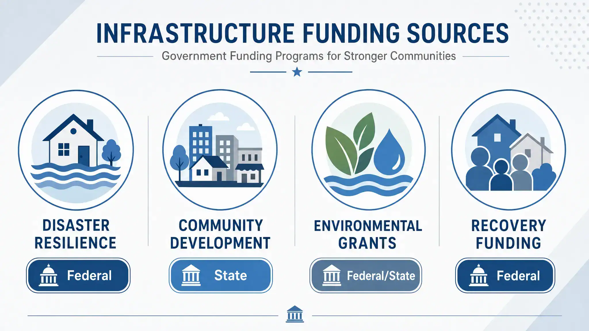 Pelican Underground LLC explains ways to fund infrastructure, like disaster help, community projects, and grants.