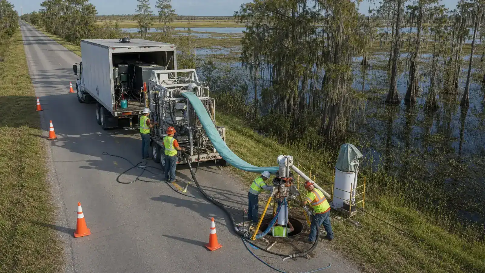 Pelican Underground LLC crew works by a rural road, using machines to fix or install pipes, with safety cones set up nearby.