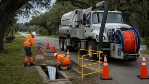 Pelican Underground LLC workers use special equipment to safely clean a roadside drain and keep the area protected.