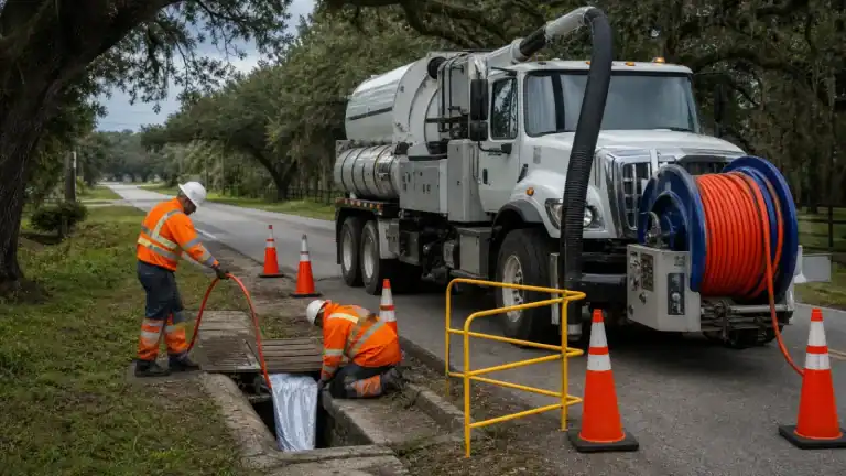 Pelican Underground LLC workers use special equipment to safely clean a roadside drain and keep the area protected.