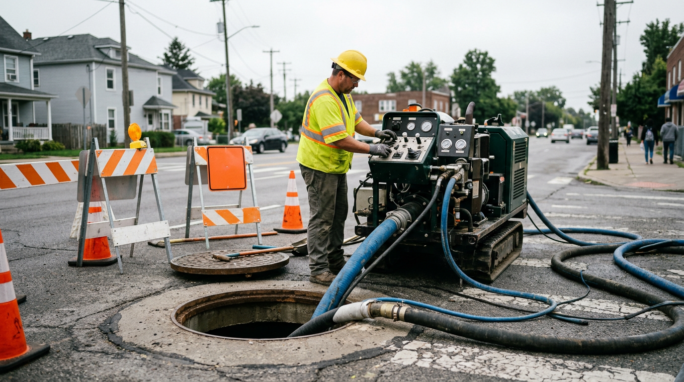 Storm drain lining contractor operating trenchless CIPP lining equipment at a manhole access point — no excavation required.
