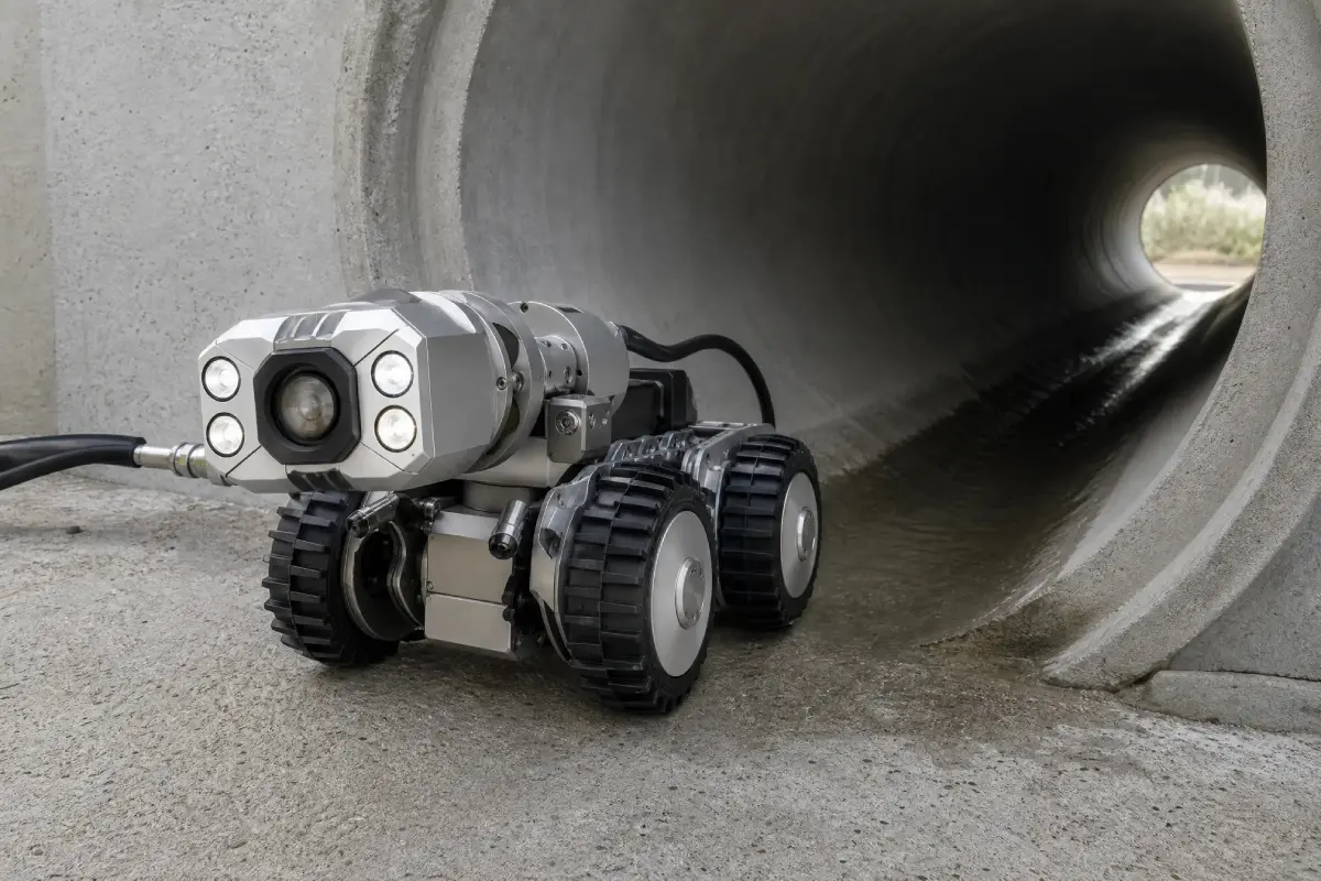 Pelican Underground LLC's robot is ready to start inspecting a large pipe for safety and maintenance needs.