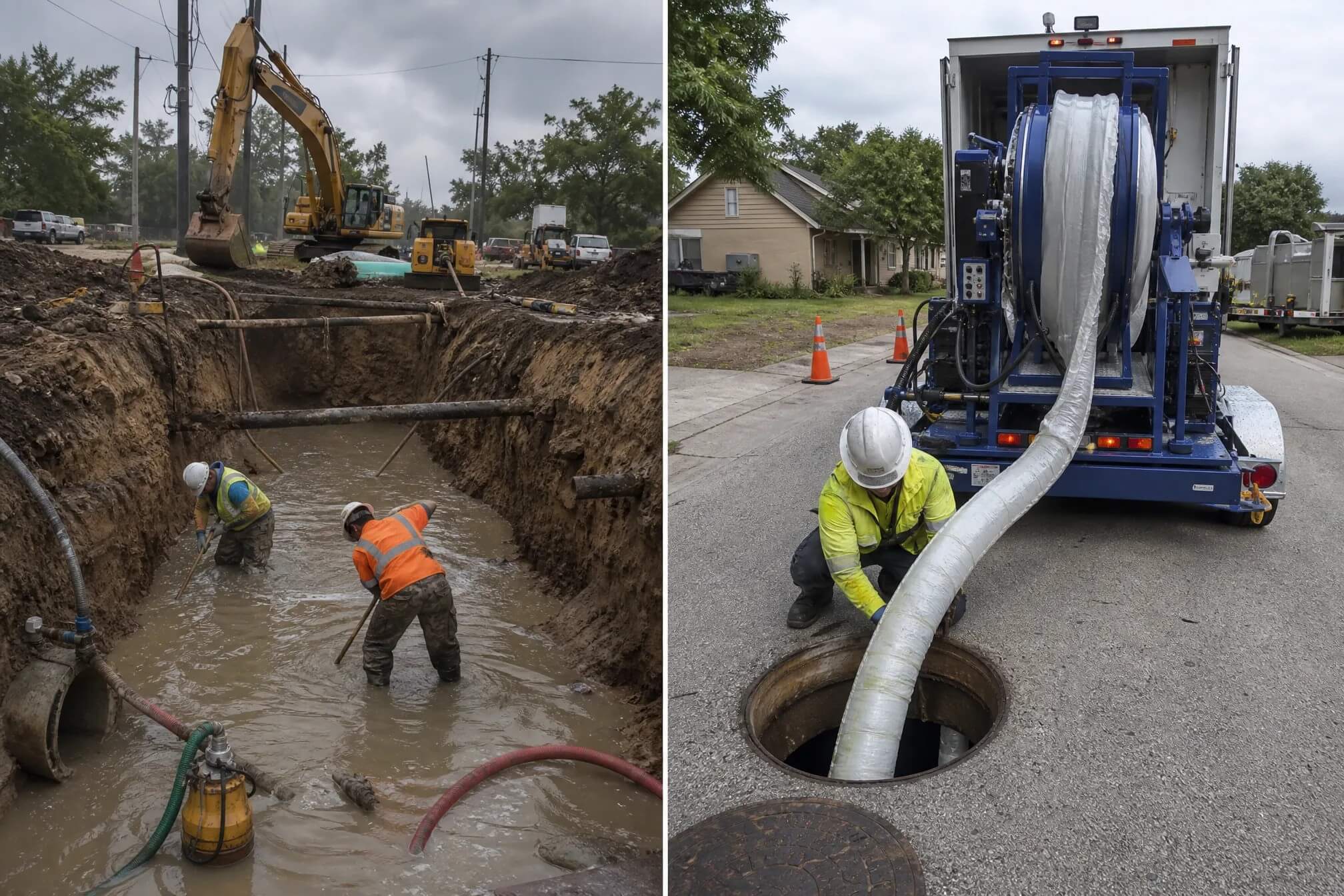 Pelican Underground LLC crews repairing underground pipes with tools and trucks to keep water lines and sewers working safely.
