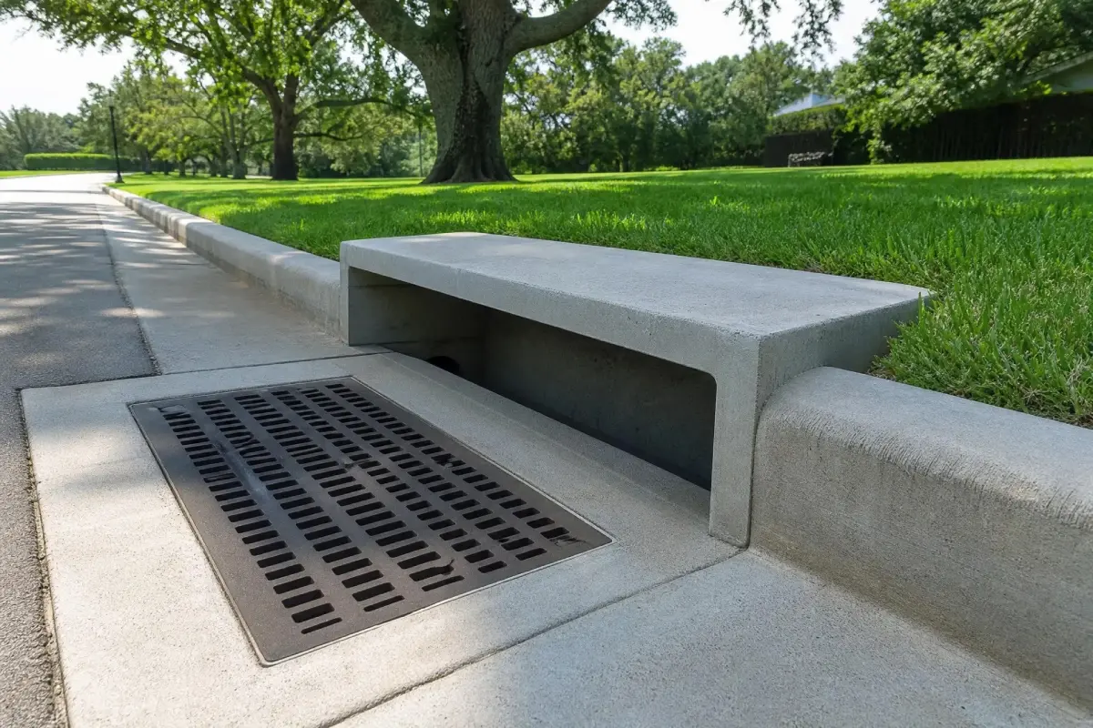 Pelican Underground LLC storm drain helps manage rainwater on a quiet, green residential street.
