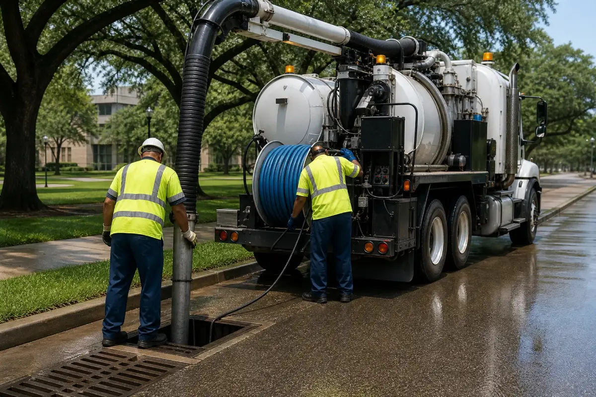 Pelican Underground LLC team cleans a street drain with a vacuum truck to keep the neighborhood safe from flooding.
