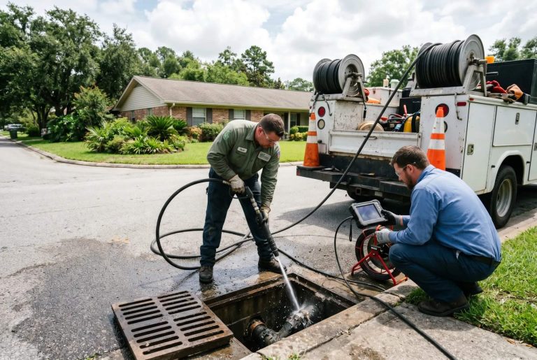 Pelican Underground Llc workers safely clean a street drain with equipment, helping keep the neighborhood safe from flooding.