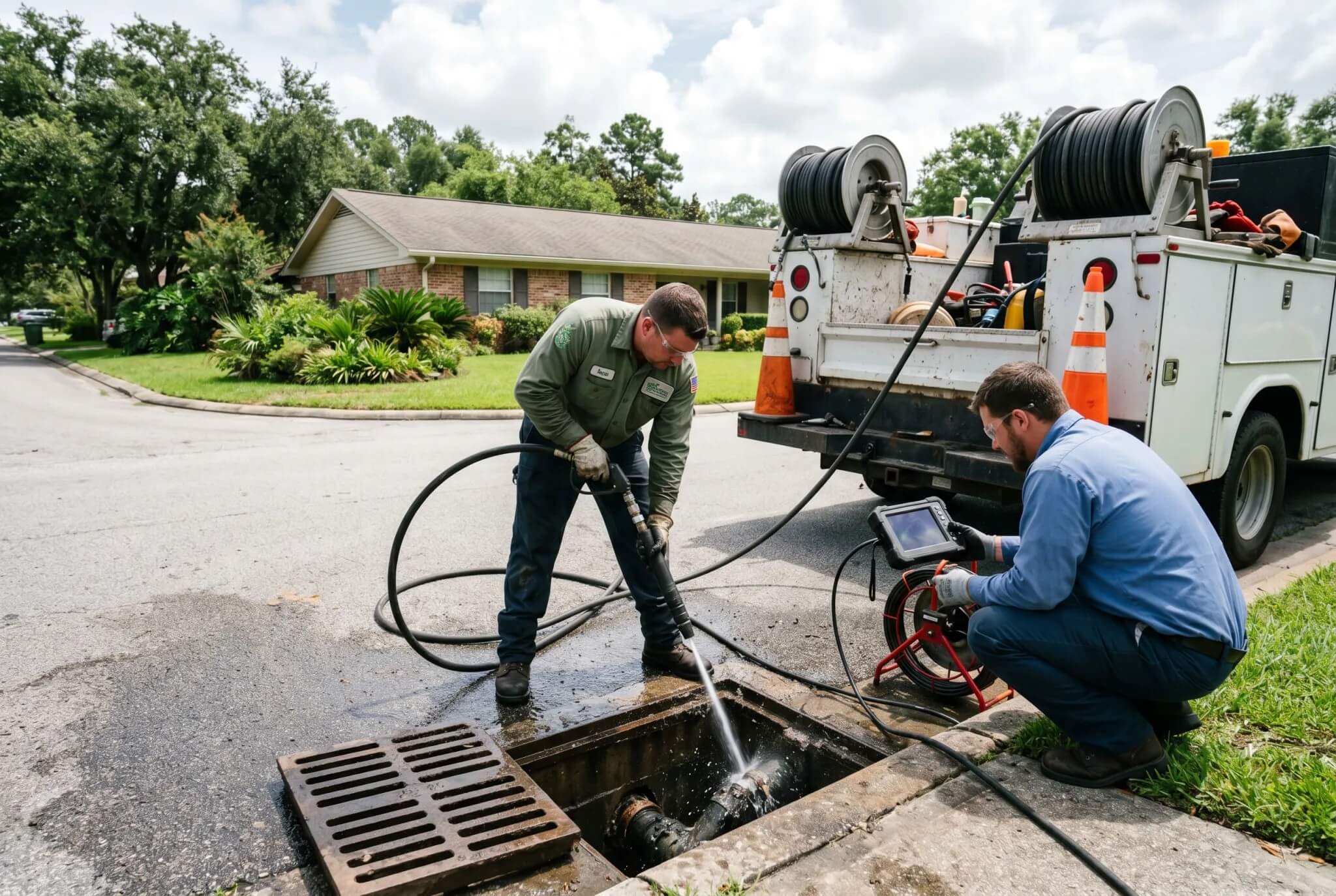 Pelican Underground Llc workers safely clean a street drain with equipment, helping keep the neighborhood safe from flooding.