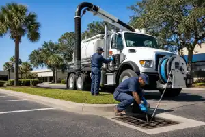 Pelican Underground LLC workers use special equipment to safely clean and care for a storm drain in a parking lot.