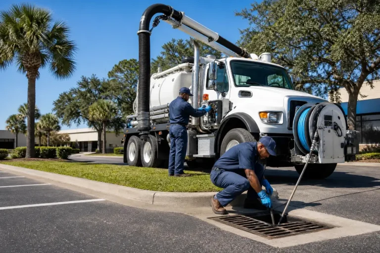 Pelican Underground LLC workers use special equipment to safely clean and care for a storm drain in a parking lot.