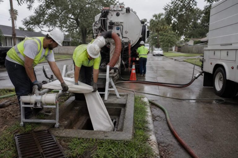 Pelican Underground LLC team works together to safely clean a street sewer using special equipment, even in rainy weather.