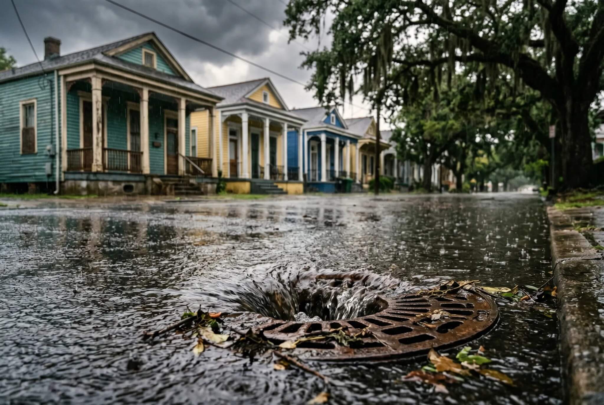 Pelican Underground LLC shows a rainy day, with heavy rain causing water to flow down the street into a full storm drain.