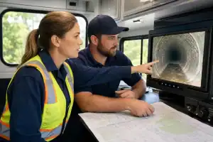 Pelican Underground Llc workers check a monitor and map to safely inspect and plan repairs inside a pipe or tunnel.