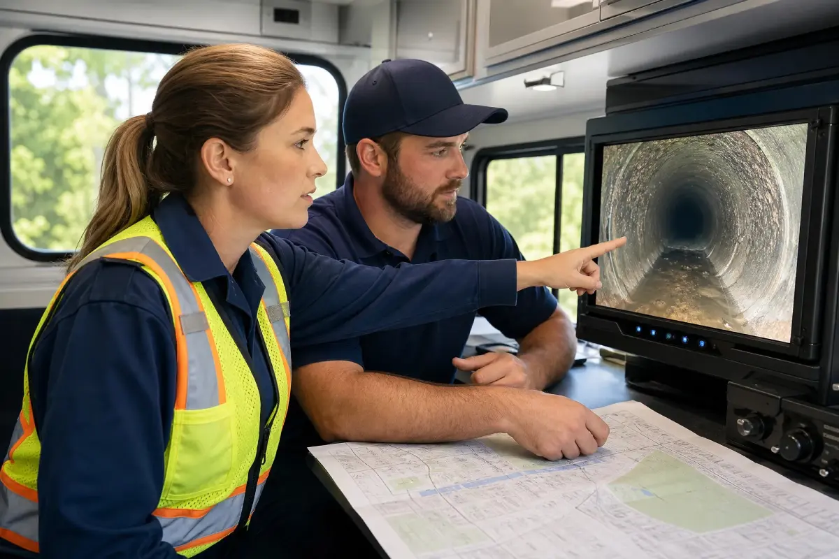 Pelican Underground Llc workers check a monitor and map to safely inspect and plan repairs inside a pipe or tunnel.