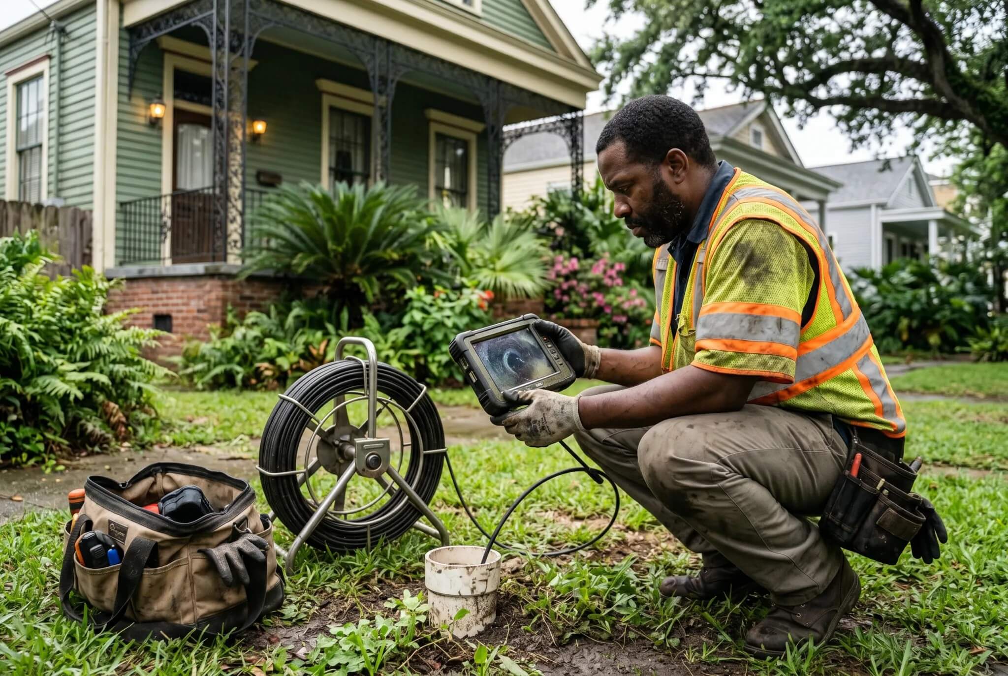A Pelican Underground LLC worker checks a drain with video tools, showing their safe and careful inspection work.