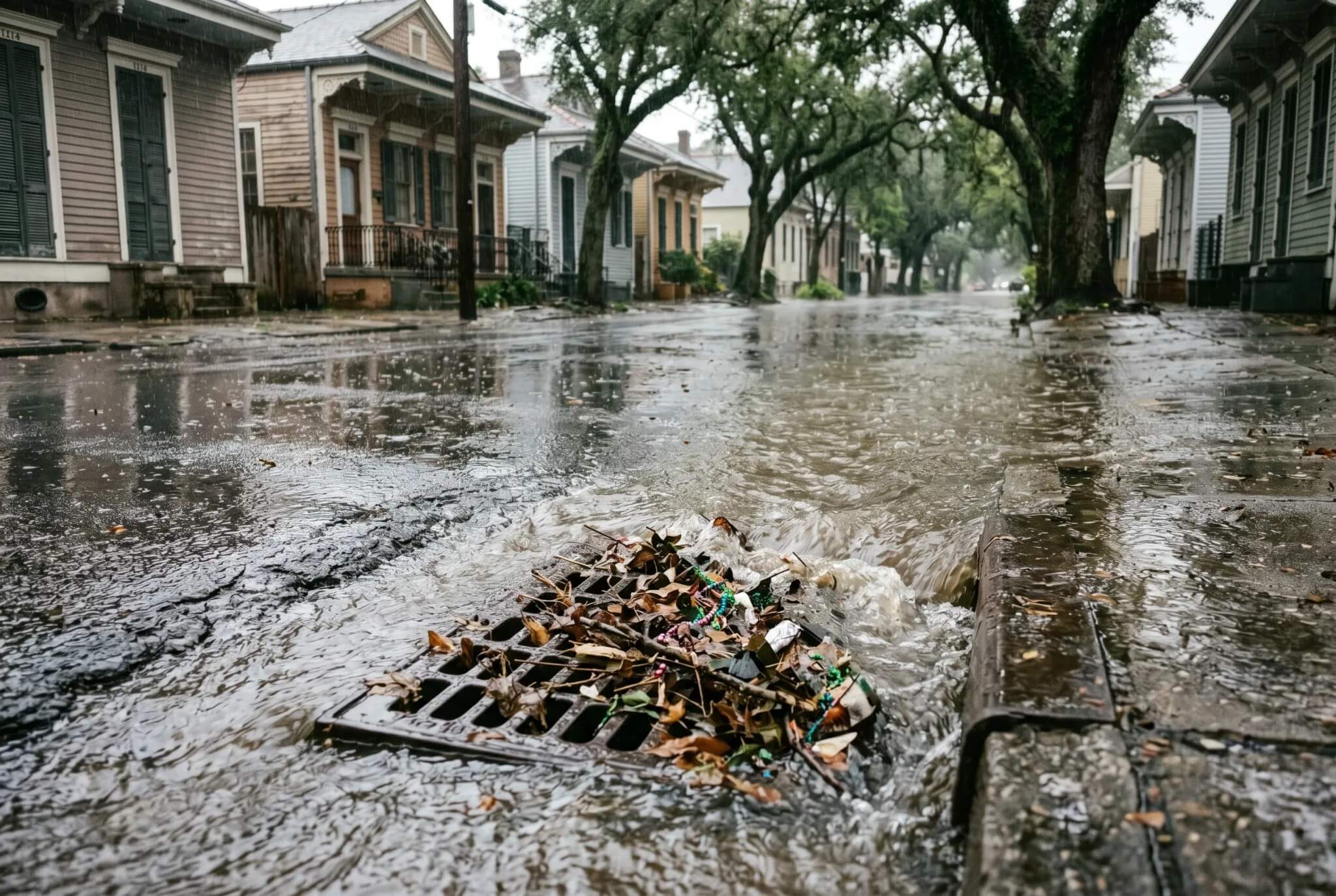 Pelican Underground LLC shows rainwater flooding a street due to blocked drains, highlighting local drainage challenges.