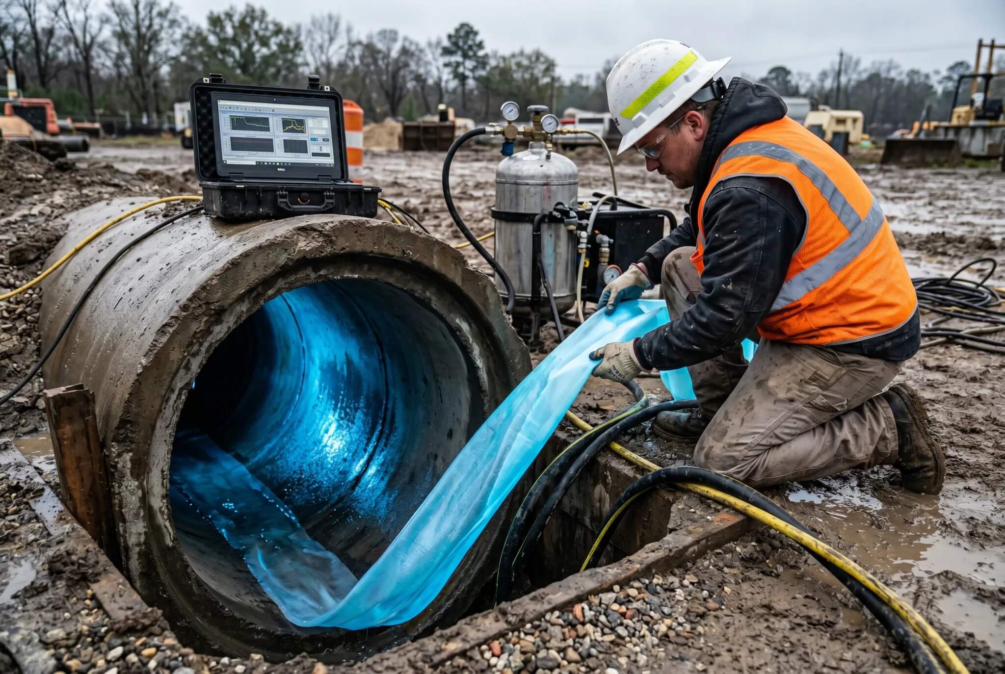 Pelican Underground Llc worker installs a pipe liner with tools and computer, showing how the company repairs pipes safely.