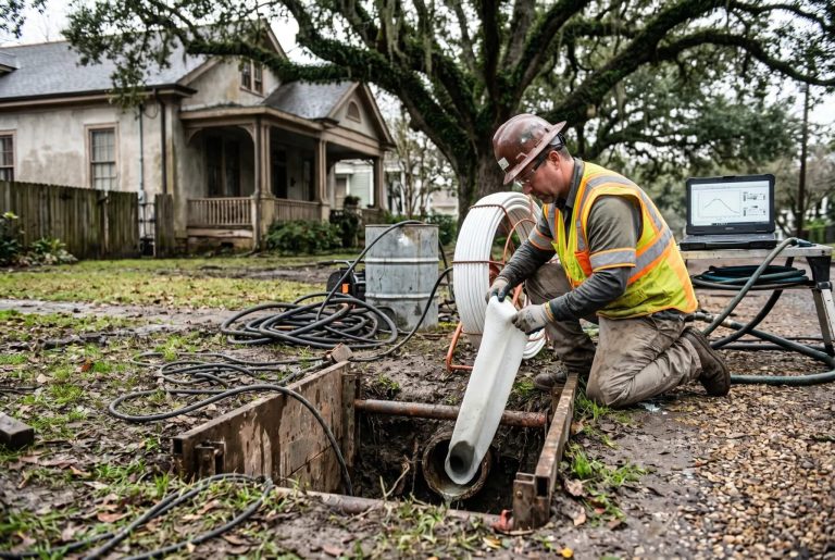 Pelican Underground LLC worker safely connects pipes for street repairs, using equipment to check work in a quiet neighborhood.